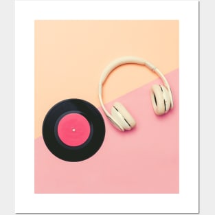 Headphones and Vinyl Record Photo, Pastel Pink and Peach Posters and Art